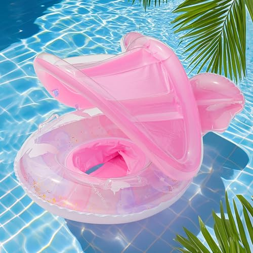 Baby Pool Float With Canopy, Sun Protection Pool Baby Float, Inflatable Baby Swimming Ring With Removable SunProtection Shade, UPF 50+ Sun Protection Roof & Toy For 6-36 Months