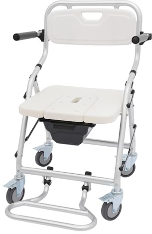 Chaise de douche multifonction avec 4 roues universelles, seau WC et large ceinture de sécurité, capacité de charge de 150 kg, chaise percée et fauteuil roulant en un pour salle de bain et hôpitaux