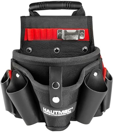 HAUTMEC Heavy-Duty Tool Belt Pouch, 1680D Tool Bag for Belt with Drill Holster, Large Compartment, 4 Leather Pockets, 11 Elastic Loops, Tape Measure Holder – HT0410