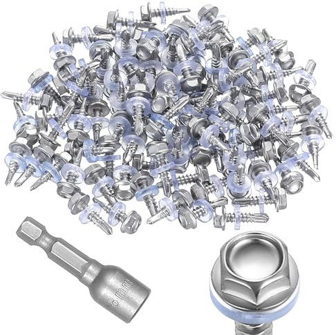 100pcs Self-Drilling Roofing Screws M4.8 x19mm, Stainless Steel 401 Hex Head with Rubber Sealing Washers, Self-Tapping for Metal Sheets, Includes 8mm Socket
