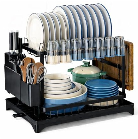 Enginess 2 Tier Dish Drying Rack with Drainboard – Large Capacity Kitchen Dish Drainer with Utensil Holder & Glass Rack – Space Saving Countertop Dish Rack UK