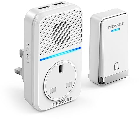 TECKNET Self-Powered Wireless Doorbell with 1 AC Outlet and 2 USB Ports-LED | Doorbell & Charger in One, Save Your Wall Socket, 1300ft Range, IP65 Waterproof, 60 Chimes and 5 Volume Levels, White