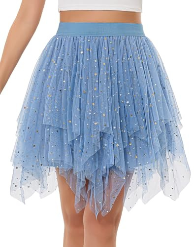 Lovasy Pailletten Rock Damen Kurz Tüllrock Schwarz High Low Layered Faltenrock Unregelmäßiger Puffy Fee Party Prom Rock Tutu Röcke