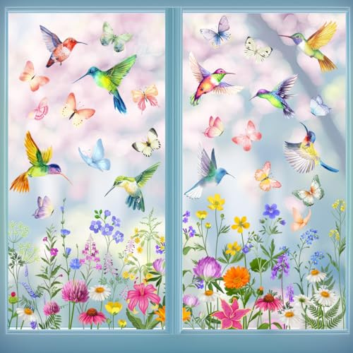 Fensterbilder Frühling Deko Selbstklebend,9 Blatt Deko Frühling Sommer Vogel Blumen Aufkleber Fenster Fensterbilder Kinder, Fenstersticker Fensterfolie Wiederverwendbar für Fensterdeko