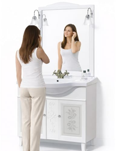 Shally Dogan Mobile Bagno da Terra 105 cm, Composizione in Legno Nobilitato Melaminico, Lavabo in Ceramica e Specchio, Mobiletto 2 Ante con Vetro, Arredamento Design Moderno