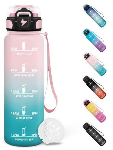 Motswedi Borraccia 1 litro, Borraccia Palestra, a Prova di Perdite, Bottiglia acqua, Con Marca Temporale, Bottiglia Acqua per Campo da Tennis, Ufficio, Campeggio, Bicicletta, Viaggi - Rosa&Ciano