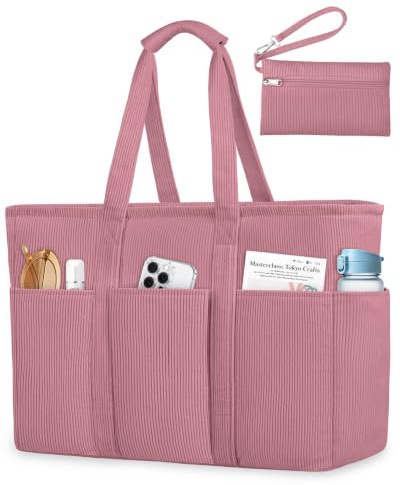 Cord Handtasche Damen Groß Strandtasche XXL Familie Shopper Tasche Tote Bag | Große Saunatasche Damen mit Reißverschluss, Wasserdicht Vielseitige Tote Bag Badetasche für Pendeln Einkaufen Reisen-Rosa