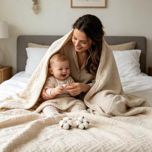 Musselin Decke Sommer, Sanfte Musselindecke Bio, Musselin Decke Erwachsene, Atmungsaktive Gaze-Decke Alle Jahreszeiten, Muslin Blanket-Weich & Leicht Vorgewaschene 100% Baumwolldecke (H,150*200CM)