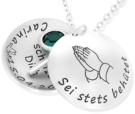 Taufkette 925 Silber Medaillon Geburtsstein Kreuz mit Gravur Taufmedaillon Taufschale Silberkette zur Taufe Taufgeschenk für Patenkind Mädchen Junge Gott schütze dich