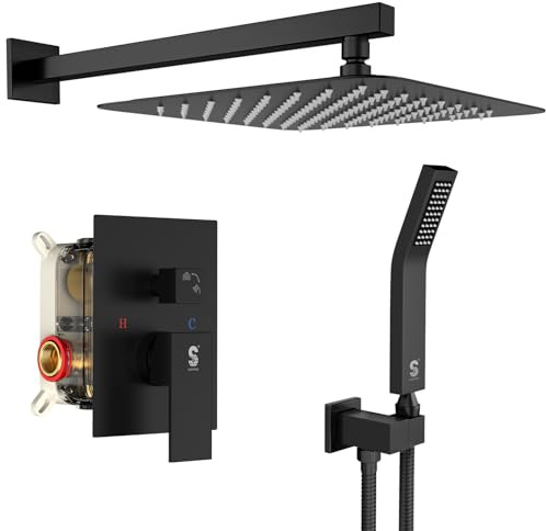 SR SUN RISE 12 Inches Matte Black Shower System 12 Inch Brass Bathroom Luxury Rain Mixer Shower Combo Set Wall Mounted Rainfall Shower Head System Shower Faucet Rough-in Valve Body and Trim Included