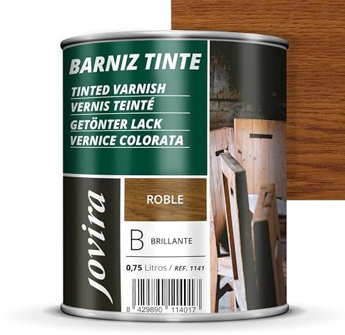 JOVIRA PINTURAS Barniz Brillante Tinte (6 colores). Barniz para madera. Protege, decora y embellece. (750 Mililitros, Roble)