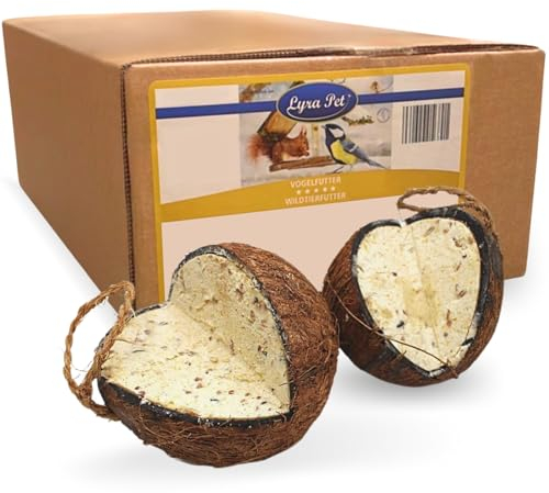 Lyra Pet® | 4 Ganze Kokosnüsse mit V-Cut Gefüllt | Energiereiches Vogelfutter | Kokosnuss mit fetthaltiger Füllung | Ganzjahres Fettfutter | Wie Meisenknödel | Nährstoffreiches Wildvogelfutter