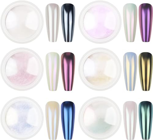 LEDSUUEI 6 Stück Weiß Chrome Nail Powder,Chrom Pulver mit Glitzer-Meerjungfrau-Perleneffekt,Shimmer Pearl Chrome Nail Powder Geeignet für DIY-Gellack-Nagelkunst
