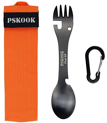 PSKOOK Spork Outdoor Löffel Gabel Messer Flasche Dosenöffner Camping Edelstahl Besteck Reisen Funktionelle Essen Multi-Tool Utensil (Schwarz mit orangefarbener Tasche)