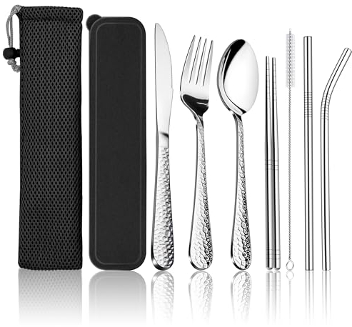 HaWare 9 Piece Individual Portable Hammered Cutlery Set, Stainless Steel Camping Travel Flatware for 1 with Knife, Fork, Spoon, Chopsticks, Cleaning Brush, Straws, Portable Case & Bag (Black)