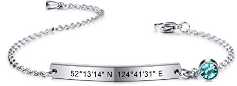 MeMeDIY Personalisiertes Armband Angepasste Gravur Name/Datum/Koordinaten für Frauen Freundin Beste Freundin Knöchelgelenk aus Edelstahl Geburtsstein Bar-Armband mit Verstellbarer Kette