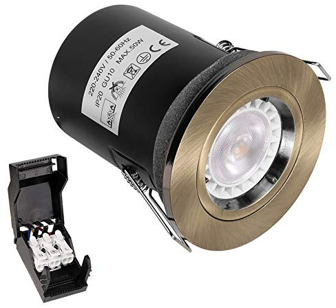 LEDBRITE LED Fire Rated Downlight Twist Lock Cast GU10 Recessed Ceiling IP20 Satin Brass (Warm White 3000K, 6W Dimmable)