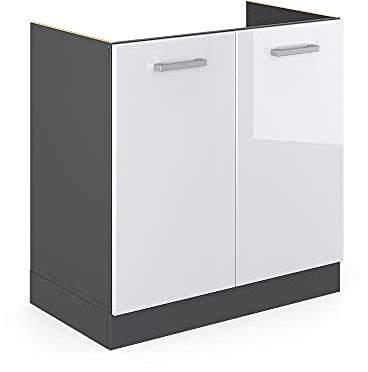 Vicco Meuble Bas sous-évier R-Line, Blanc Haute Brillance, 80cm | 2 Portes · Sans plan de travail · Pieds réglables en hauteur · Grand espace intérieur ✓ · Librement combinable