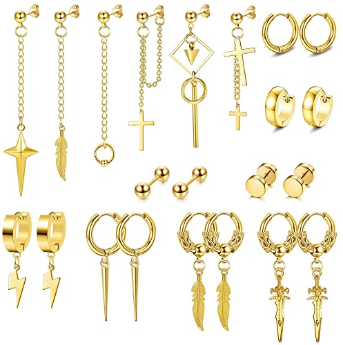 JeryWe 22 Stück Baumelnde Ohrringe für Herren Edelstahl Scharnier Creolen Lange Kette Ohrstecker Kreuz Baumeln Ohrringe Set Kpop Ohrringe für Herren Edelstahl（Gold）