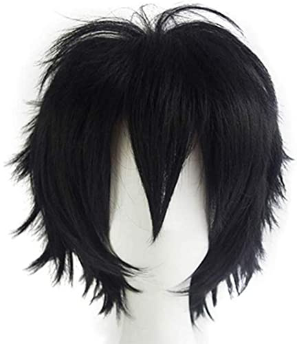 Gairyan Schwarze Cosplay-Perücke, Unisex, Anime, glatt, flauschig, synthetisch, stachelig, geschichtet, kurzes Haar mit Pony, hitzebeständig
