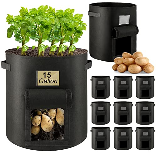 10 Pcs 15 Gallon Potato Grow Bags with Flap Grow Containers Bucket Nonwoven Fabric Garden Bags Potato Planter Pots with Handles Potato Growing Containers for Planting Potatoes Tomato Vegetables, Black