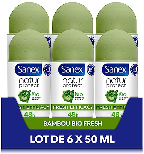SANEX - Déodorant Bille Natur Protect Fresh Efficacy - Déodorant Homme & Femme - Extrait De Bambou Bio & Poudre De Bambou Naturelle - Protection Anti-Odeurs 48h - Vegan - Lot De 6 x 50 ml