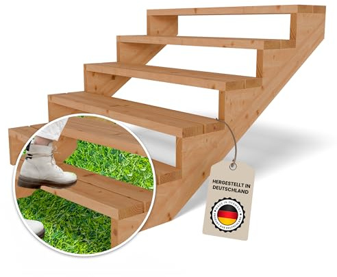 Gartenwelt Riegelsberger Terrassentreppe 5 Stufen Breite 120 cm Höhe 89 cm | Außentreppe aus Lärche natur für Terrasse & Garten | Komplett-Set mit Wangen, Bohlen & Edelstahlschrauben