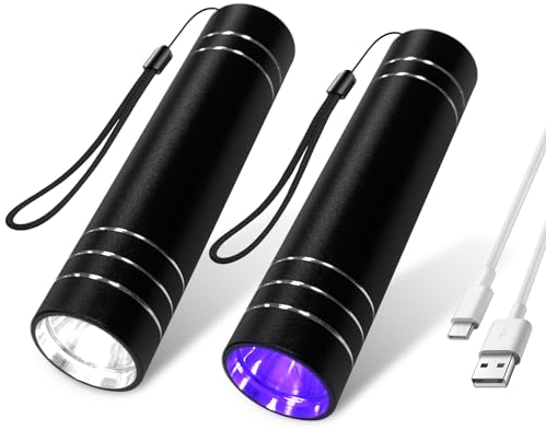 Set de Linterna UV & Linterna LED, 395nm Luz Ultravioleta, USB Linterna LED Recargable de para Manchas Orina de Mascotas, Manchas, Fluorescente, Detección de Fugas, Curado de Resina