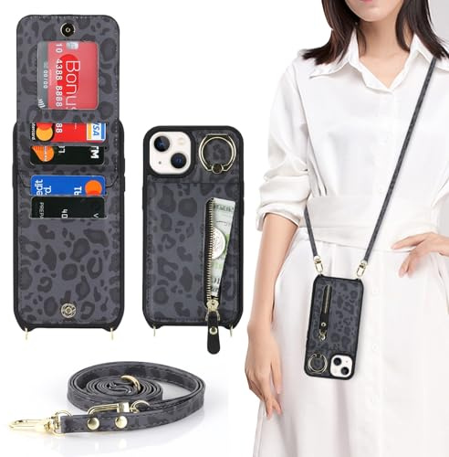 Zouzt Crossbody Wallet Case for iPhone 13/14, with Strap,Black Leopard | Lanyard Purse, 4 Card Holder, 360° Ring Kickstand, PU Leather Zipper Handbag, Shockproof TPU, Back Flip Phone Cover for Women