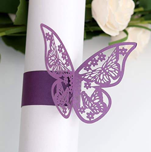 50 servilleteros de papel de mariposa, 3D, corte láser, servilleteros para bodas, fiestas, decoración de mesa, restaurante, cumpleaños, color lila
