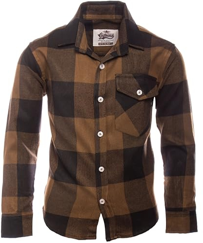 GILLSONZ DSF-73 Camisas de franela Camisa a cuadros Camisa de estudiante de ocio para niños, marrón dorado, 128/134 cm