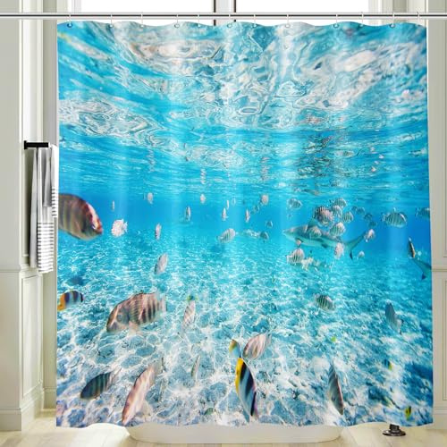 Vgzsyomqib Türkis Unterwasserwelt Duschvorhang 200x200 Lang Anti Schimmel Wasserdicht für Badewanne Stoff Shower Curtains 3D Unterwasser Fische Blau Ocean Motiv Duschvorhänge Waschbar Textil