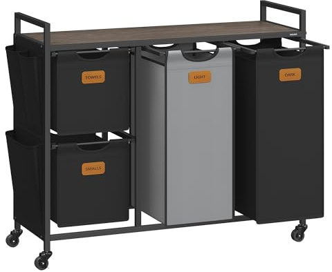 VASAGLE Laundry Hamper with 4 Compartments, 39.6 Gal. (150 L) Laundry Sorter, Rolling Laundry Cart with Shelves, Small Side Pockets, 6 Labels, Chestnut Brown, Ink Black and Dove Gray UBLH203B01