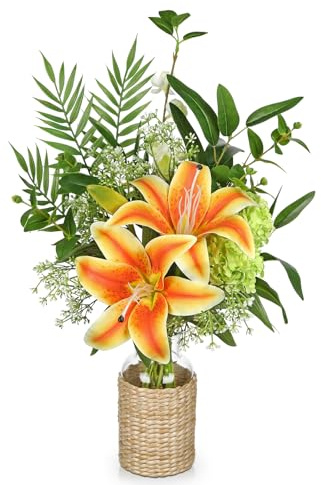Hollyone Orange Künstliche Lilien mit Glasvase Falsche Tigerlilie mit Grünpflanze in Vase Kunstblume Lilie Moderne Heimdekoration Tafelaufsatz Vielseitig Hochzeit Tischdekoration