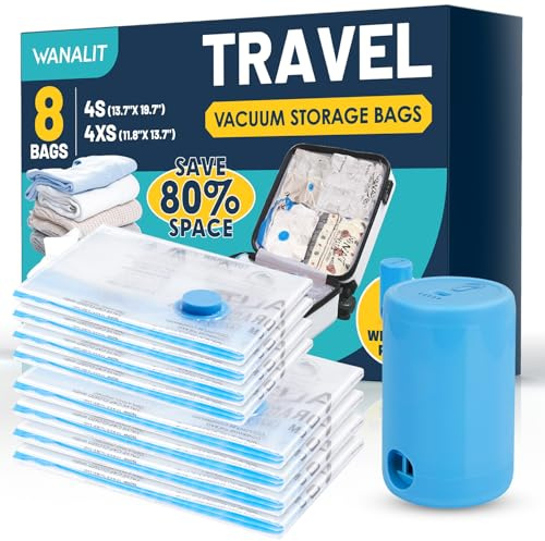 Vacuum Storage Bags for Travel, 8 Pack (4S+4XS) Vacuum Seal Bags with Wireless Rechargeable Electric Pump, Travel Essentials Space Saving Compression Bag for Clothes, Luggage, Suitcase, Backpack, Trip