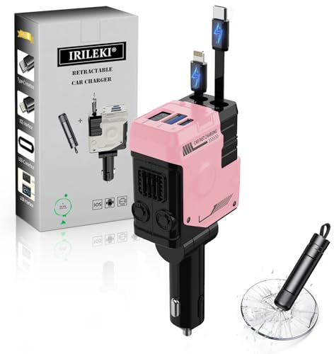 IRILEKI Einziehbares Auto Ladegerät, Zigarettenanzünder KFZ Ladegerät USB C, Schnellladegerät Retractable Car Charger Kompatibel mit iPhone 16 Pro/Galaxy/Pixel, mit Gurtschneider Notfallhammer