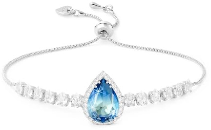 Linawe Aquamarin Blau Armband Damen Tennisarmband, Damenarmband Armkette Handkette Jewelry Schmuck Silber, Edelstein Diamant Kristall Silberarmband Geburtsstein, Glitzer Armband