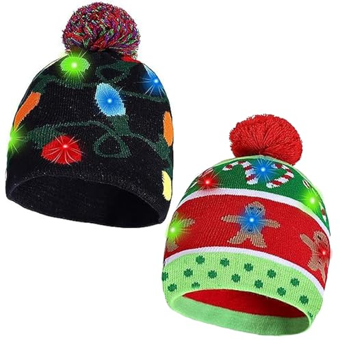 EKKONG 2 Stück Weihnachtsmütze LED Mütze Mit LED Licht,Warme Wintermütze Strickmütze Weihnachtsmützen Plüsch,für Unisex Kinder Erwachsene Weihnachtsfeier Winter Xmas Urlaub Mütze