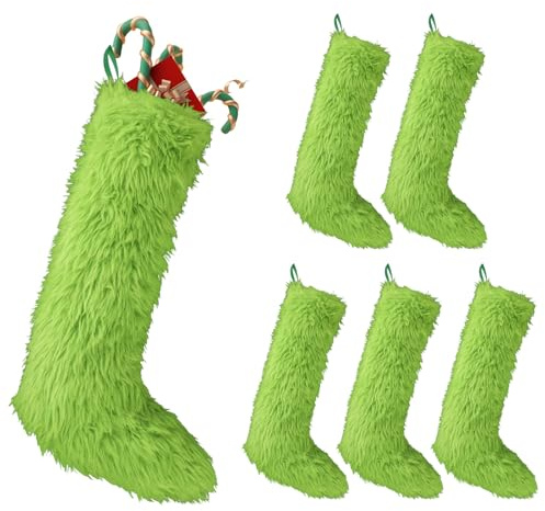 Gosknor 6 Pezzi di Calze di Natale, Calze di Natale in Pelliccia Verde Calze di Natale Appese Calze di Natale Personalizzate in Peluche per la Decorazione Dell'Albero di Natale in Famiglia