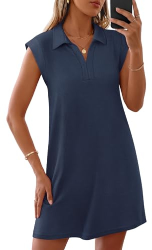 MEROKEETY Womens V Neck Collared Loose T Shirt Mini Dress, Navy, S