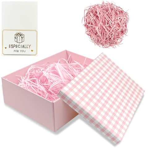 Presentask med lock, 25 x 18 x 8,5 cm, lyxig presentförpackning för flickor, med rosett, gratulationskort, stor låda för födelsedag, bröllop, alla hjärtans dag (vit rosa)