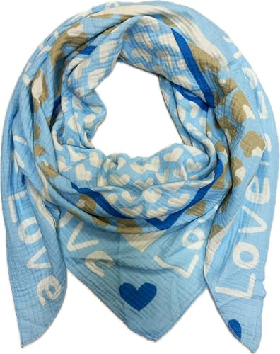 XL Dreieck Strickschal Herz Leopard Frühling Schal 100% Baumwolle Made in Italy Fashion Tuch Dreieckschal Stola Herbst Frühling Tuch Leo Love is Love Happy (Hellblau)