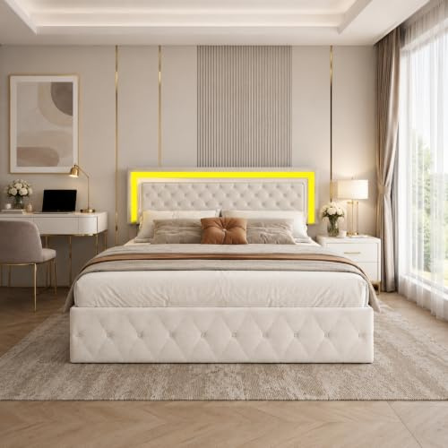 PerGar Dubbelsäng med förvaringsutrymme, klädselsäng med sänglåda, hydraulisk förvaringssäng, ungdomssäng, funktionssäng, sängram, sammet, utan madrass, beige (140 x 200 cm)