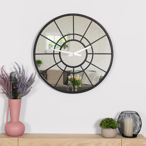 CHARLES BENTLEY Buttermere Outdoor And Indoor Mirrored Wall Clock, Black Coating, Skeleton Design, Metal, Quiet Ticking, Garden Décor, Giant Open Face, Patio Clock, Living Room, Kitchen (50x50x4.5cm)