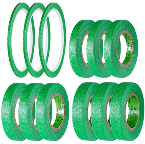 Lot de 12 rouleaux de ruban de masquage vert à lignes fines pour peintres - 3 mm/8 mm/12 mm/15 mm de large - 20 m de large - Ruban de masquage inscriptible avec lignes pointues - Ruban de masquage de