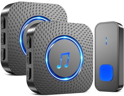 SURFOU Campanello Senza Fili da Esterno Interno, Campanello con 2 Ricevitori Spina Casa Wireless Pulsante a Lunga Distanza di 400m, 55 Suonerie, 5 Volumi Selezionabili, Indicatore LED, Nero