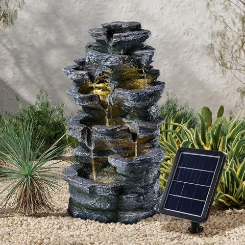 BTGGG Solar Powered Water Feature - Cascading Rockery Solar Water Fountain Outdoor Garden Water Feature Solar Waterfall with Lights and Pump For Patio Yard Decor