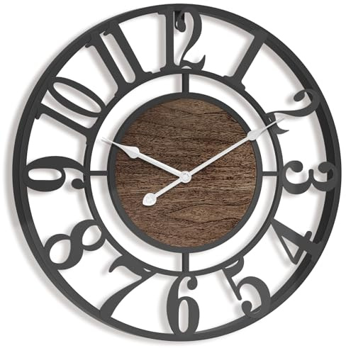 Pytha Sight Wanduhr Groß 35 cm Modern Schwarz Metall mit Walnuss, Lautlos | Wanduhr Vintage Industrial Design mit Großen Arabisch Ziffern, ohne Tickgeräusche, für Wohnzimmer, Küche, Büro und Esszimmer