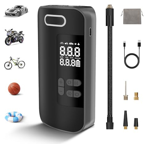 HeroJet Elektrische Luftpumpe, Mini Tragbare Fahrradpumpe Elektrisch 150 PSI, Akku Luftpumpe mit Digitalem Manometer und LED-Licht, Akku Kompressor für Auto, Motorrad, Fahrrad, Bälle