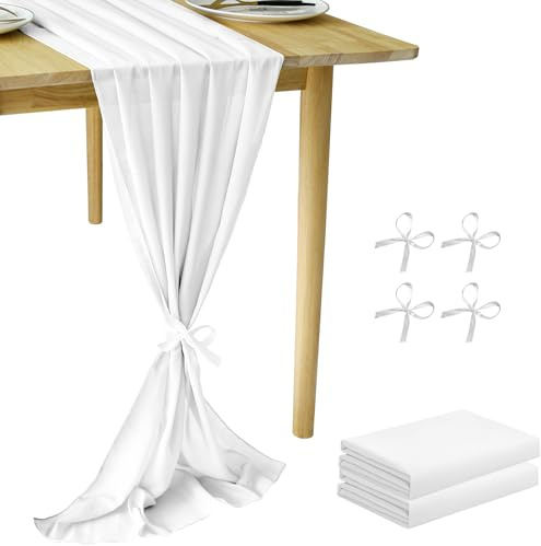 Cinnani 2 Stück Chiffon Tischläufer Weiß 70x300 cm Musselin Dekostoff Musselin tischläufer Boho Hochzeit für Hochzeitsdeko, Tischdeko Geburtstag, Taufe, Babyparty